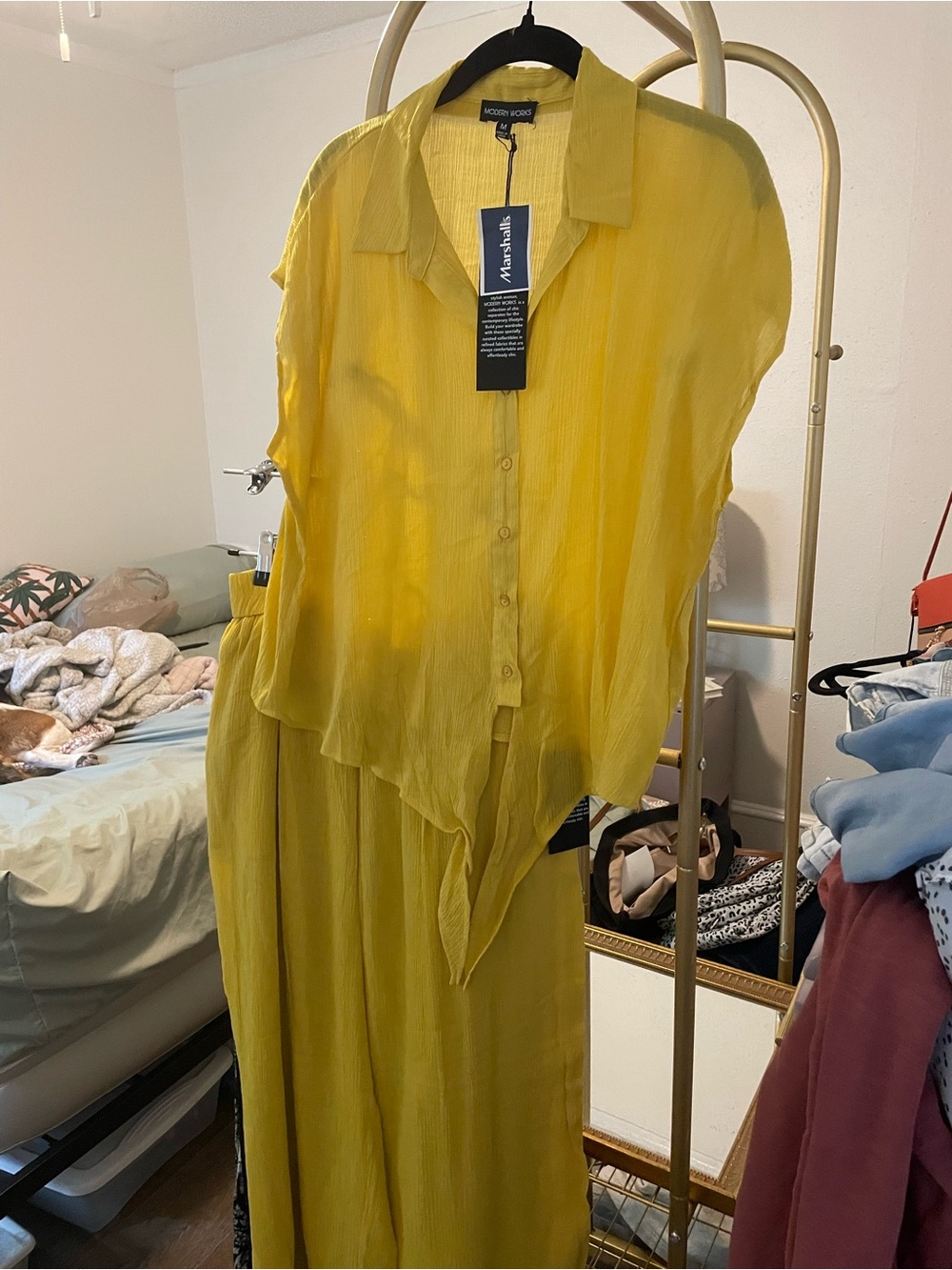 Modern Lux Yellow Wide-Leg Jumpsuit with Button-Front Top